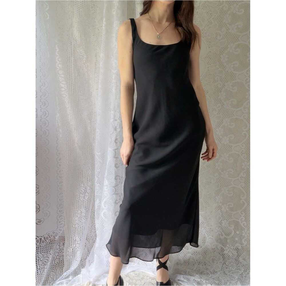 Vintage Hampton Nites Black Bias Cut Slip Dress Maxi Goth Minimalist 90s